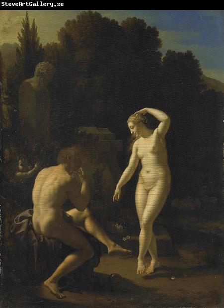 Adriaen van der werff A nymph dancing before a shepherd playing a flute.